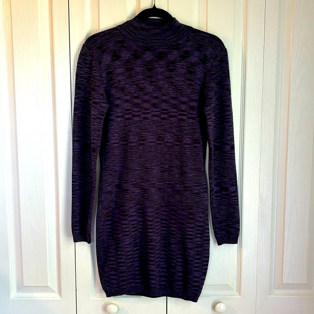 Women’s Presence Bodycon Silk Blend Mockneck Dress. Size Large. Purple and Black